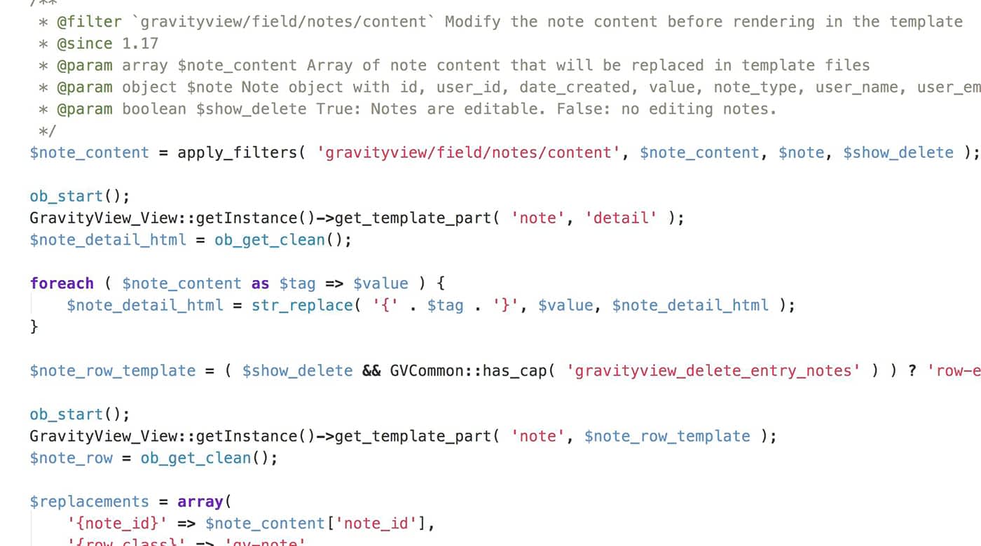 Screenshot of GravityView code showing our beautiful inline documentation!