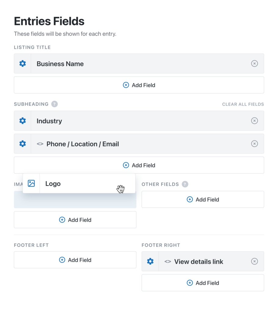 The GravityView drag-and-drop View editor arranging Gravity Forms fields into a list layout, with Listing Title, Subheading, Image, and Footer zones and a Logo field being dragged into place.