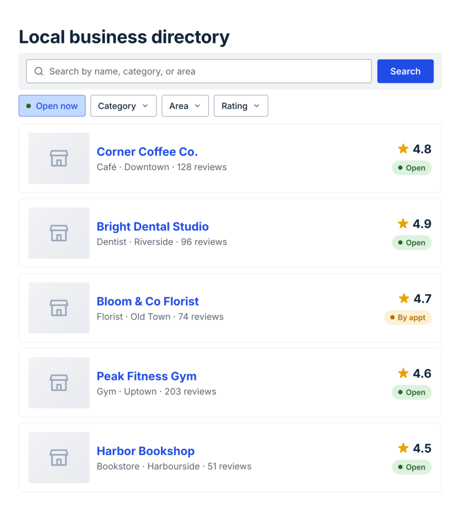A GravityView business directory built from Gravity Forms entries, with a search bar, category, area, and rating filters, and listings showing star ratings and open or by-appointment status.
