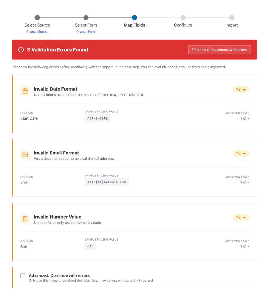 GravityImport flagging three validation errors before import — an invalid date, email, and number value — so incomplete or invalid entries are caught automatically.