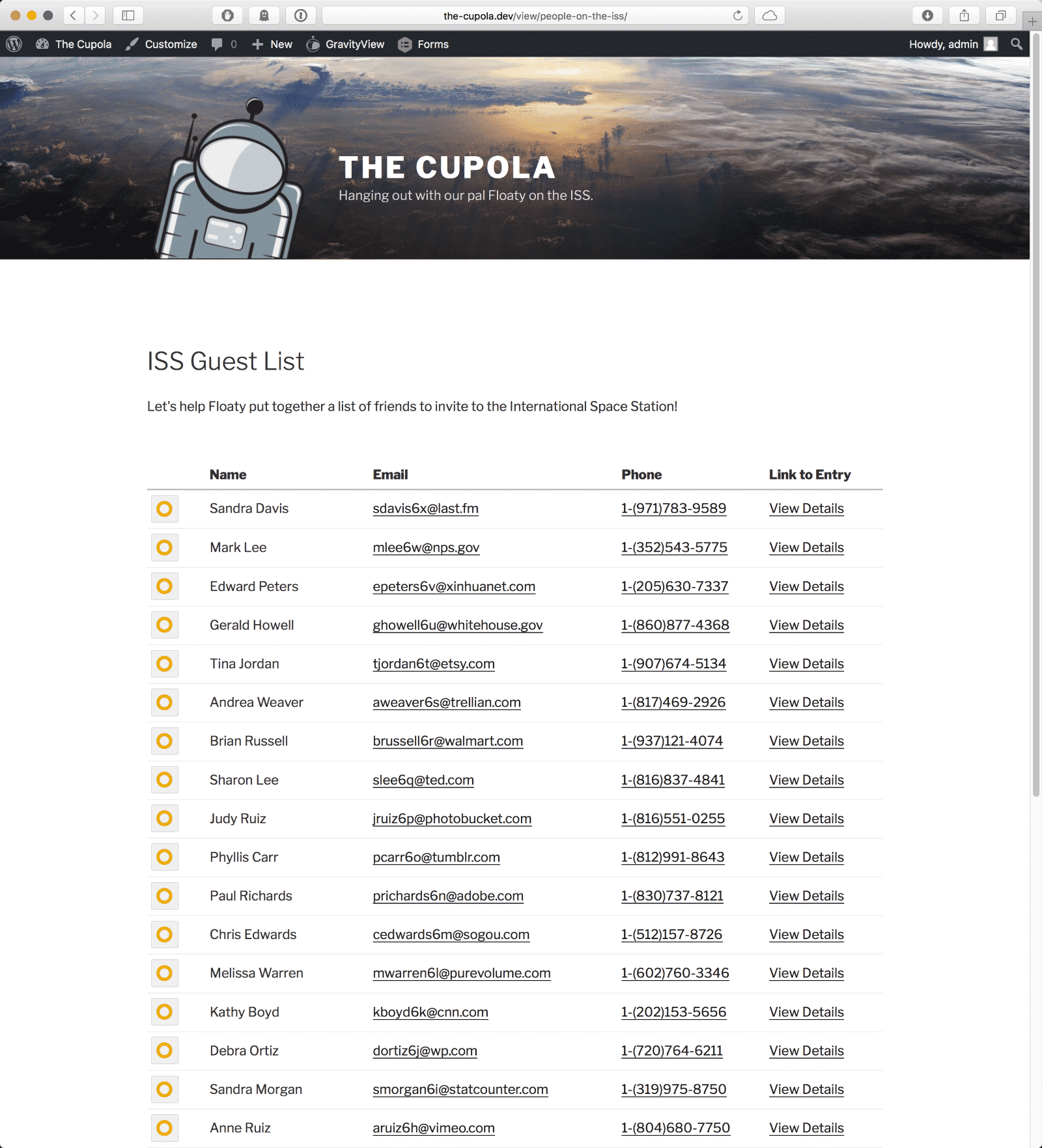 A GravityView table of all the entries on the front-end of the website