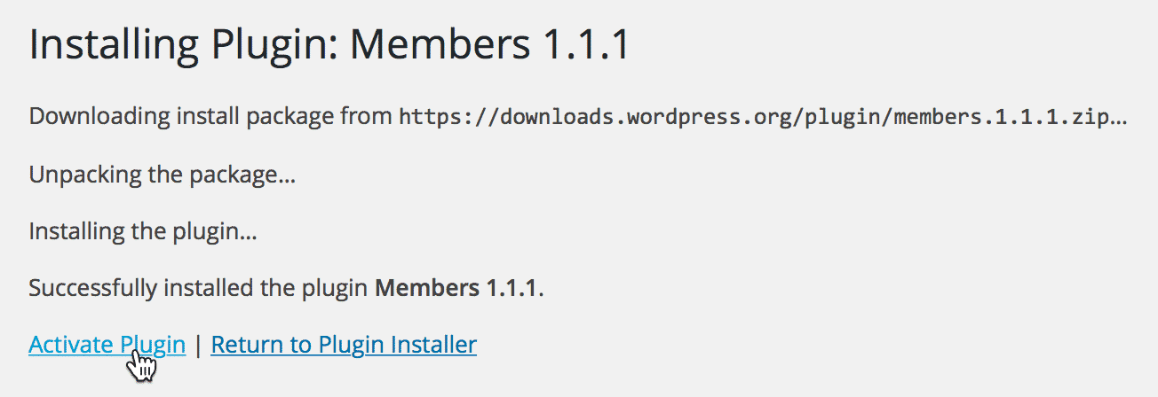 Screenshot showing plugin installation logs