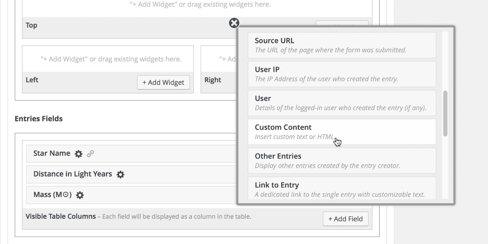 The list of fields in GravityView showing the Custom Content field