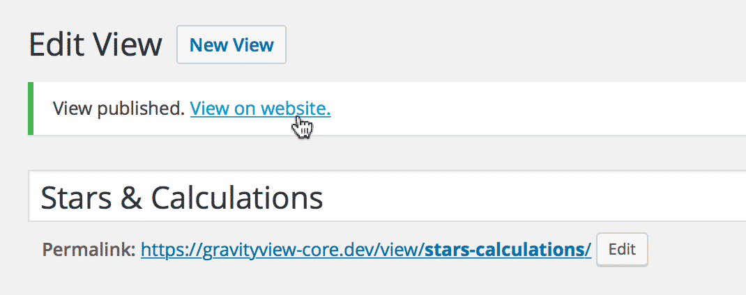 A link that says 'View on website' at the top of the View editor
