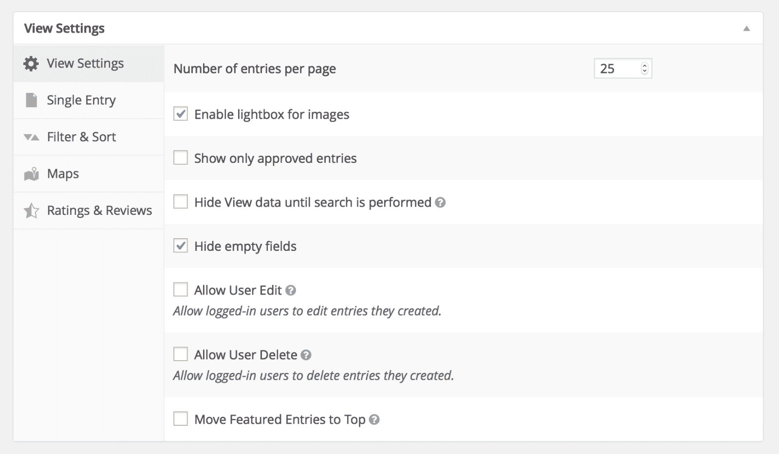 Screenshot of the View Settings metabox