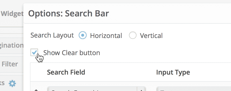 A screenshot showing the Show Clear button checkbox option inside the Search Bar settings modal 