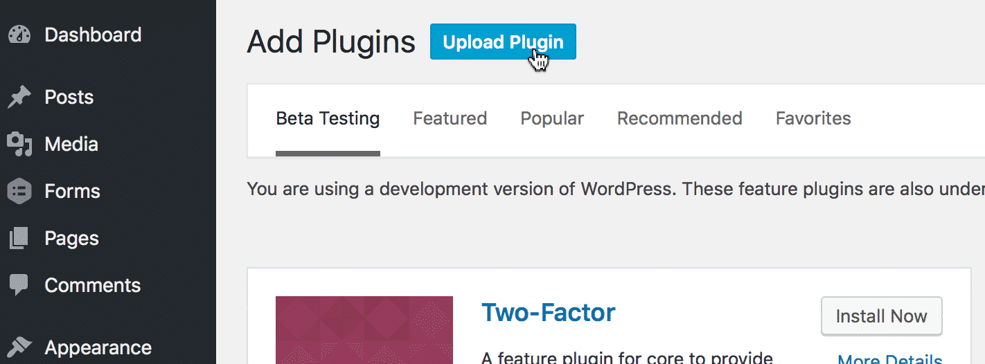 The Upload Plugin button on the WordPress Plugins page