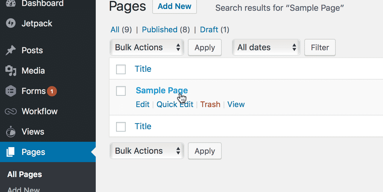 Screenshot showing the list of Pages in WordPress