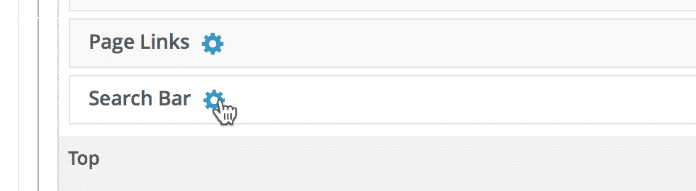 A screenshot showing a mouse cursor hovering over the cog icon that triggers the modal window of the Search Bar widget