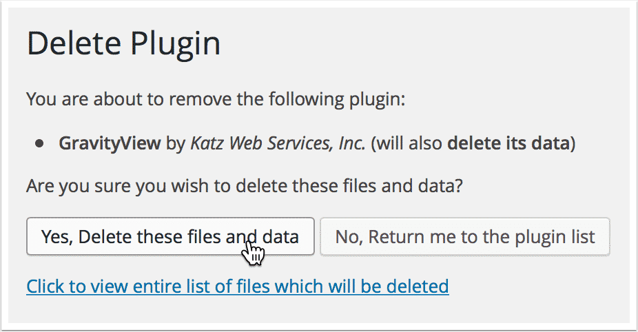 Screenshot of the confirmation screen to delete a plugin