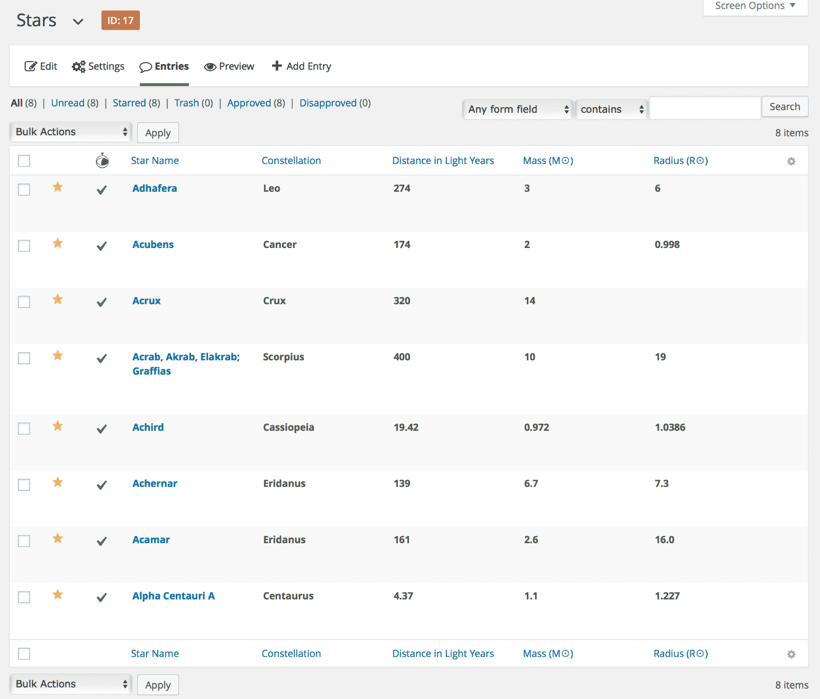 The Entries page in Gravity Forms showing entries containing information for different stars