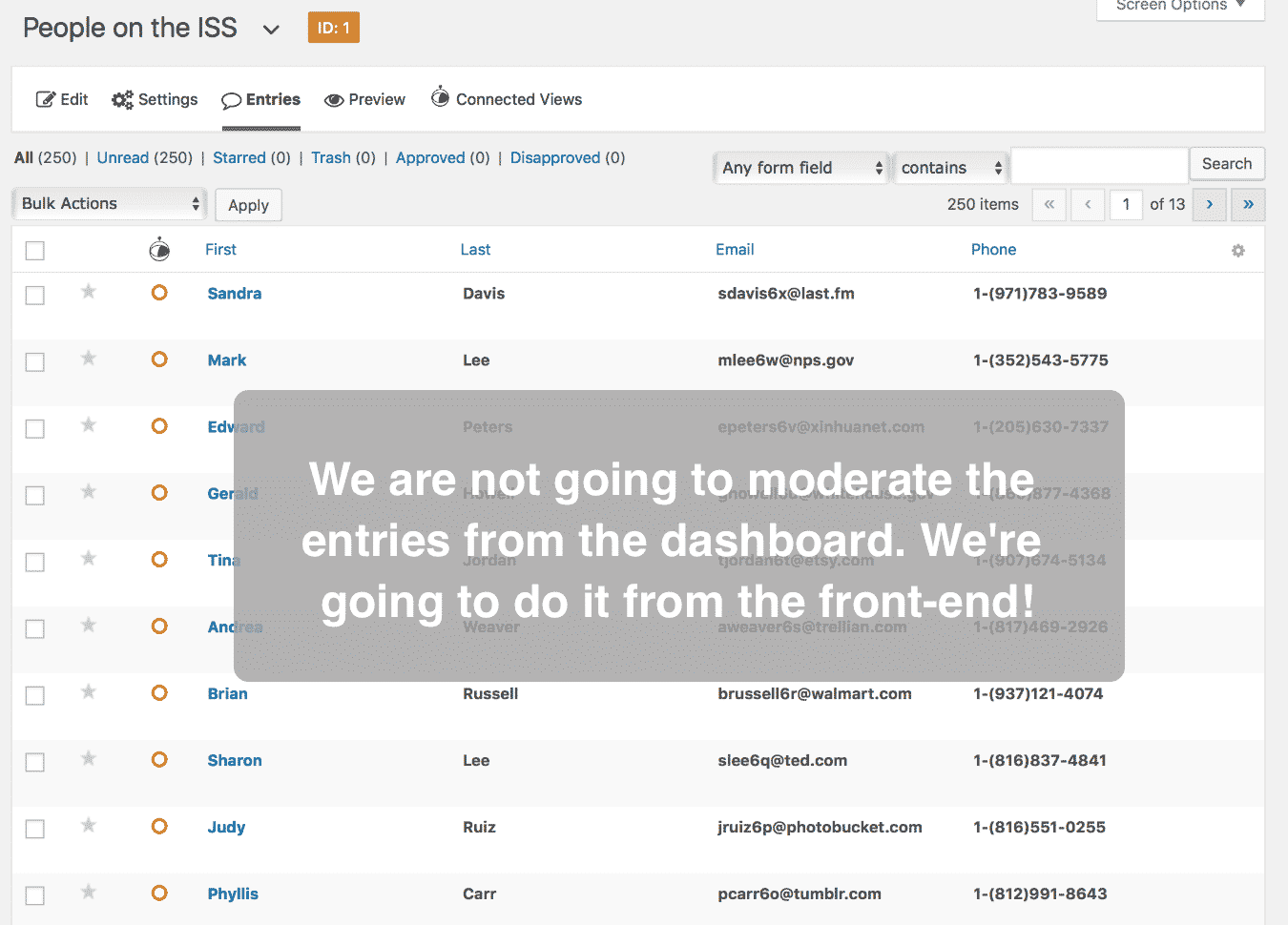 Image of the Gravity Forms entries table backend