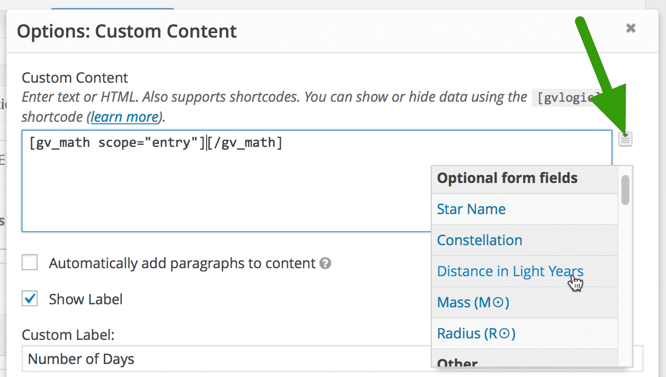 The merge tag list on the right side of the Custom Content text editor