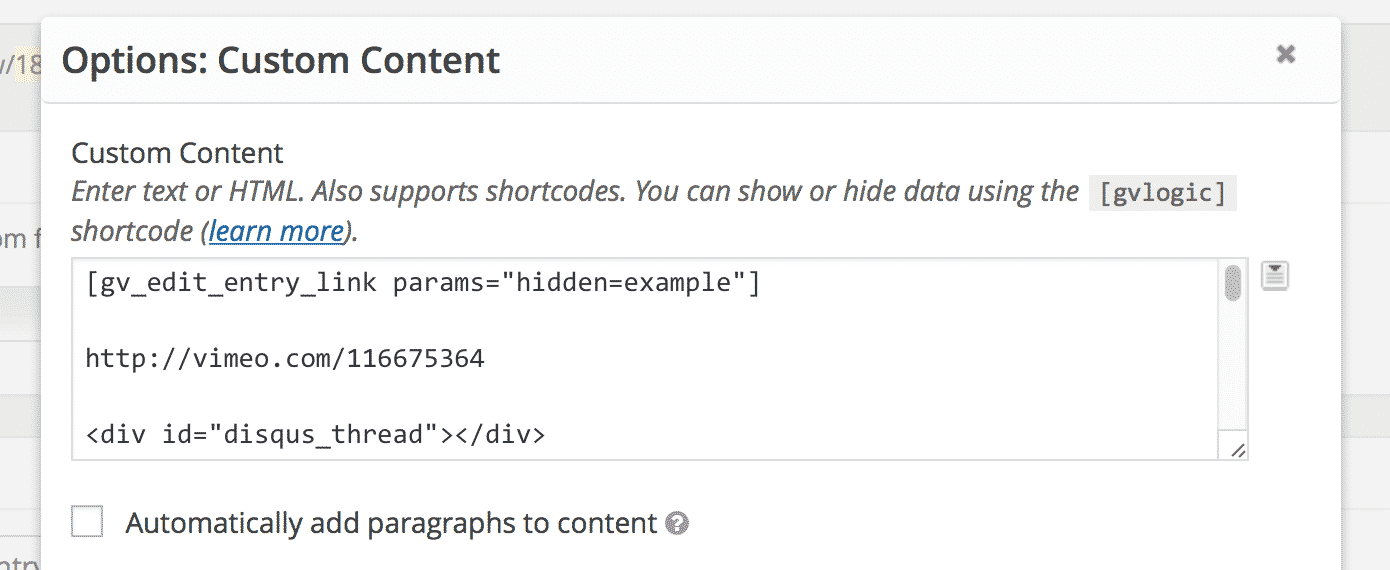 Screenshot of the Custom Content field settings modal