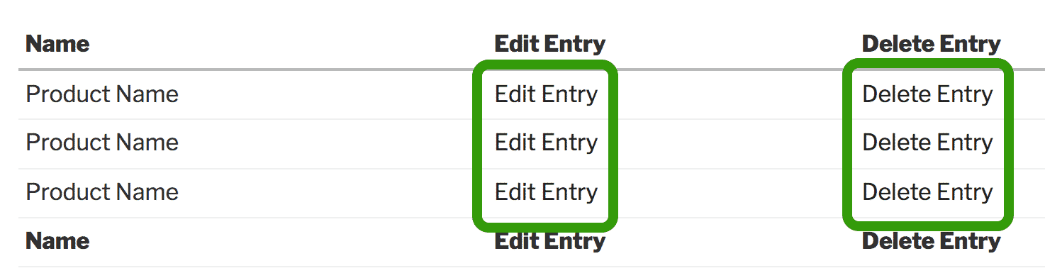 Screenshot of the Edit Entry and Delete Entry as shown on the front-end; they are text links