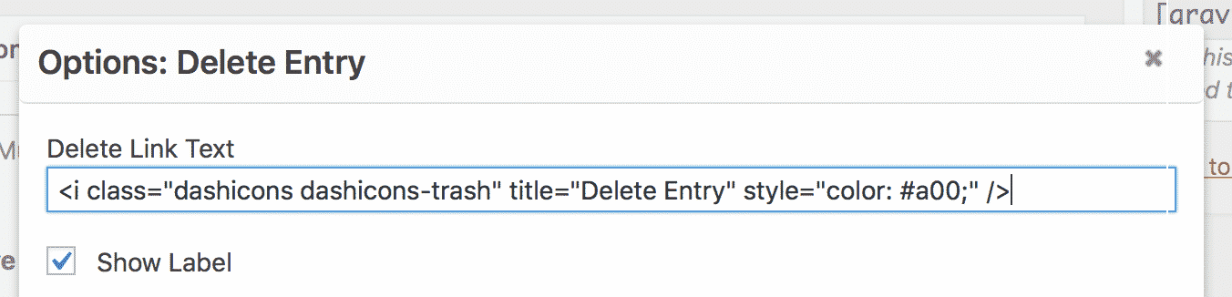The Delete Entry "Delete Link Text" setting being updated
