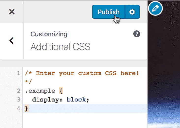 The Publish button at the top of the Customizer