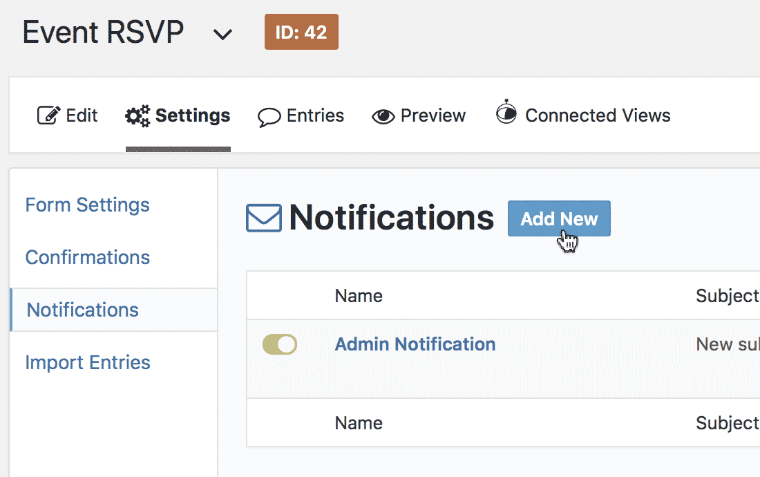 The Add New button on the Gravity Forms Notifications page