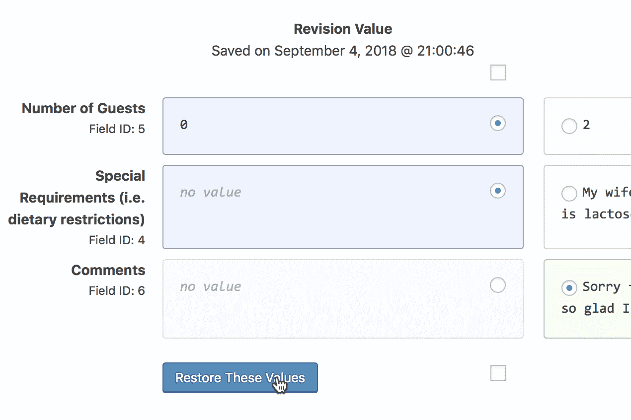 A button that says Restore These Values