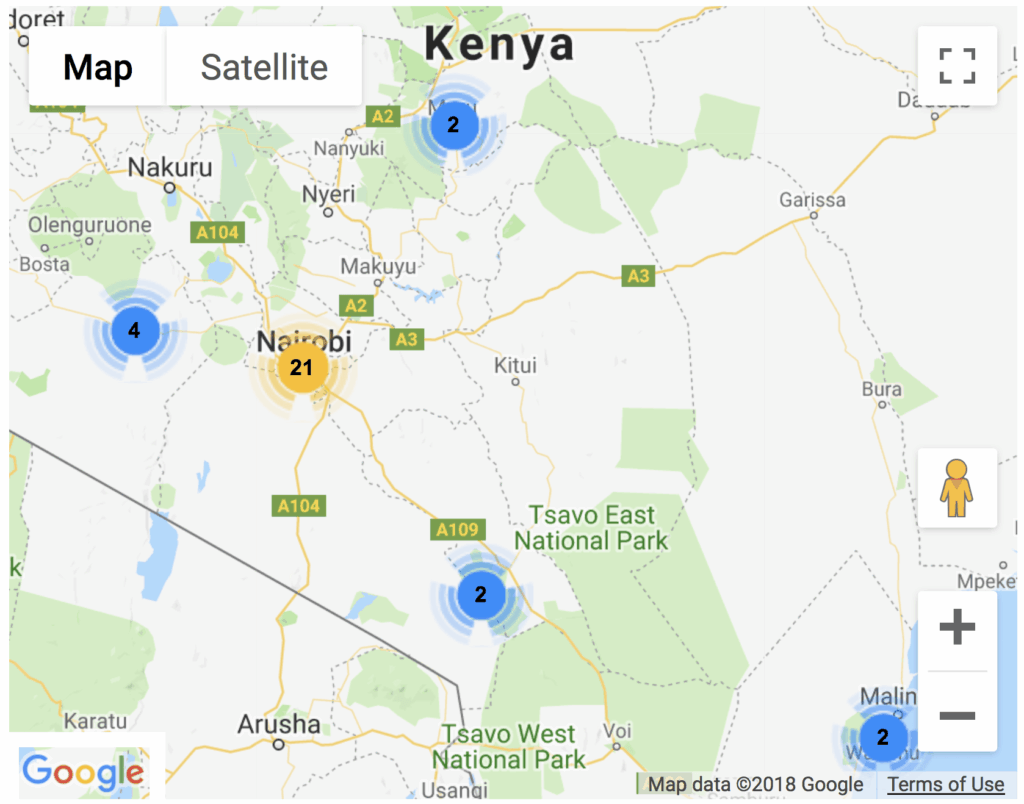 A map of Kenya with multiple markers grouped in a visual cluster, with a number representing the number of entries being displayed