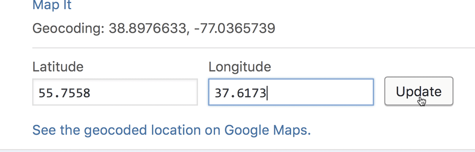 Editing the coordinates in the entries page