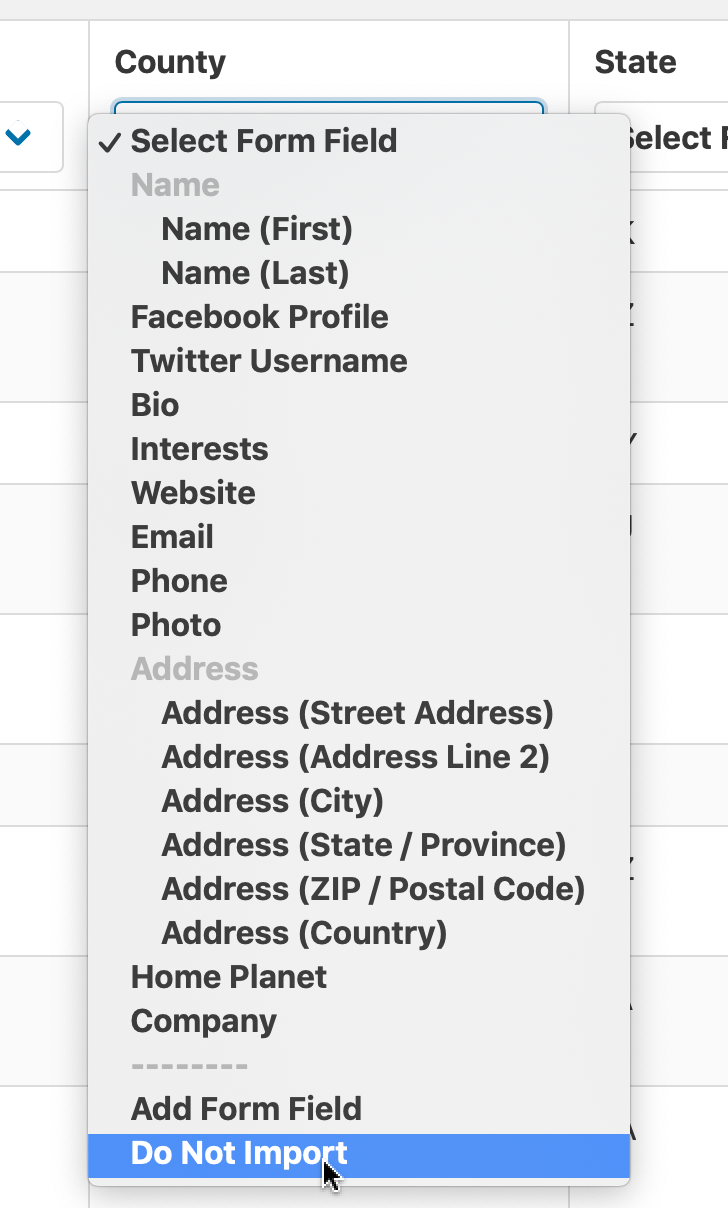 To skip a column and not import it, select "Do Not Import" from the field dropdown