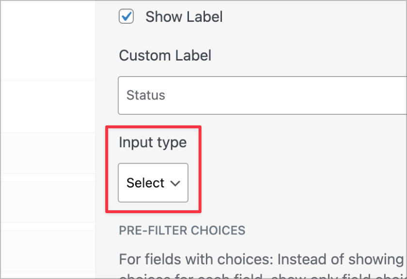 Screenshot showing the settings for a search field in GravityView, highlighting the options for labeling and input type.