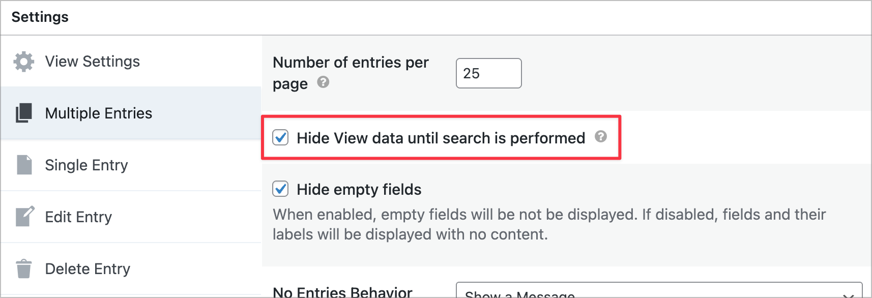 Screenshot of settings in GravityView where the option 'Hide View data until search is performed' is checked, indicating the feature will hide entries until a search is initiated.