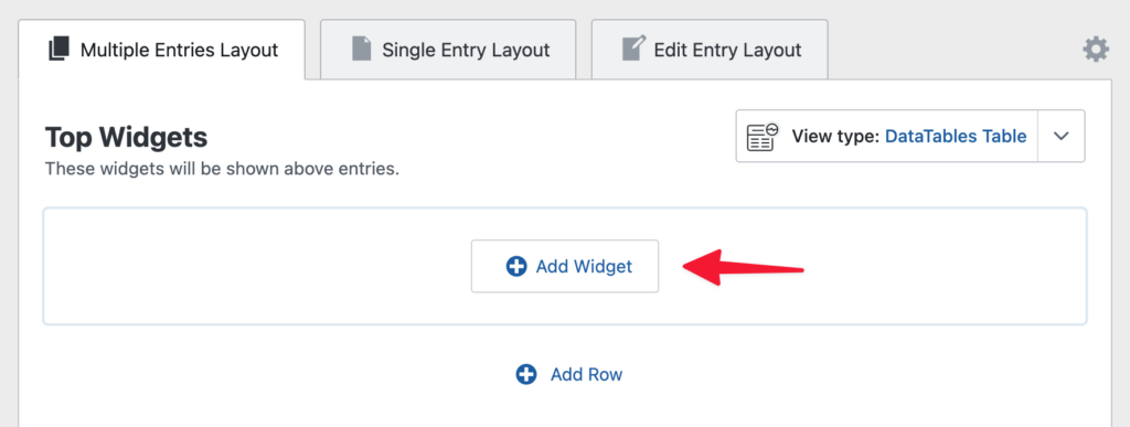Screenshot of the GravityView editor interface showing the 'Add Widget' option for configuring top widgets.