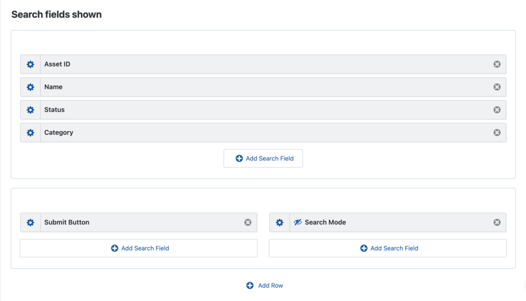 Interface showing various search fields including Asset ID, Name, Status, and Category, with options to add search fields and a submit button.