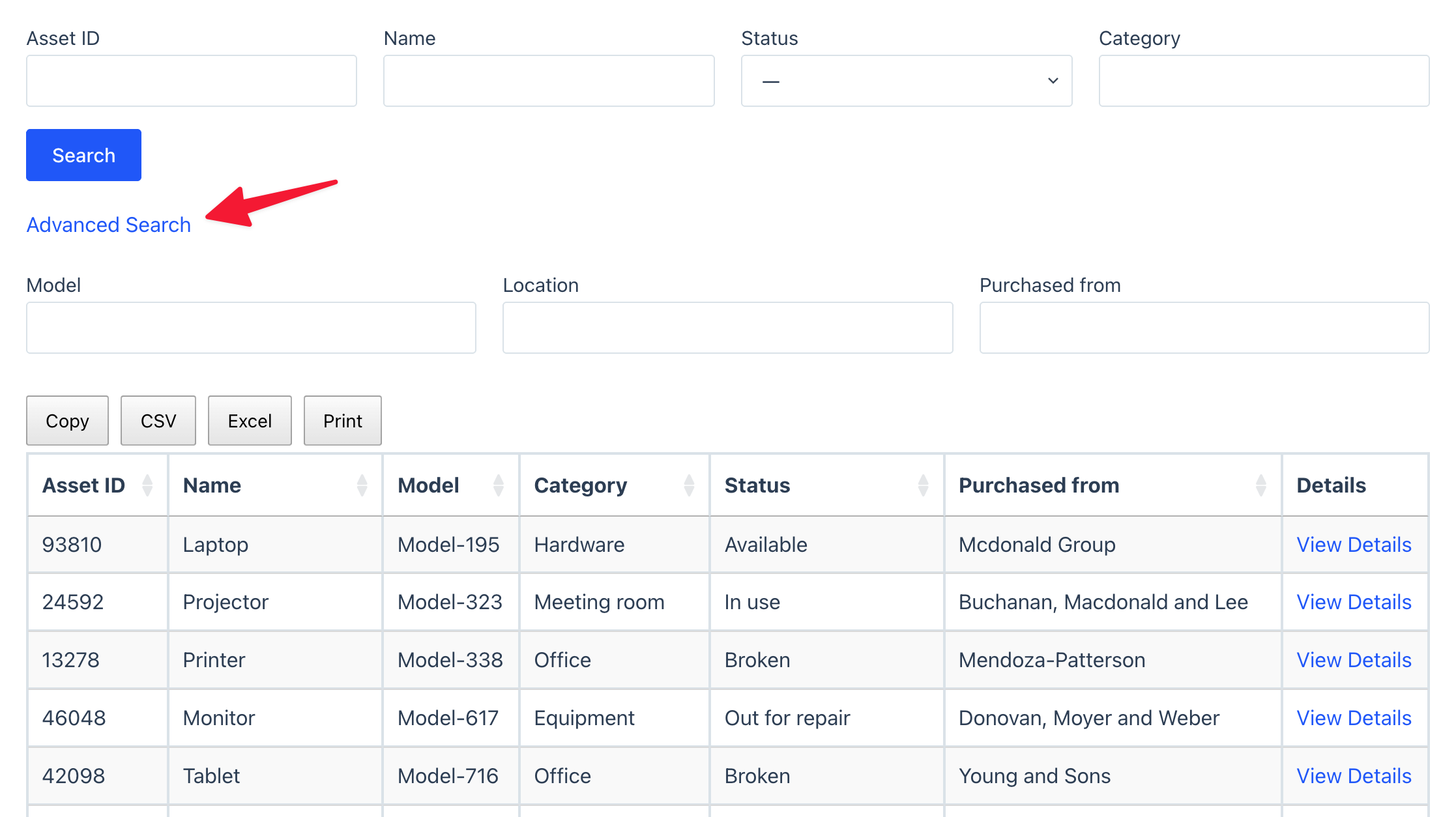 Search bar interface featuring input fields for Asset ID, Name, Status, and Category, along with an 'Advanced Search' link and a results table.