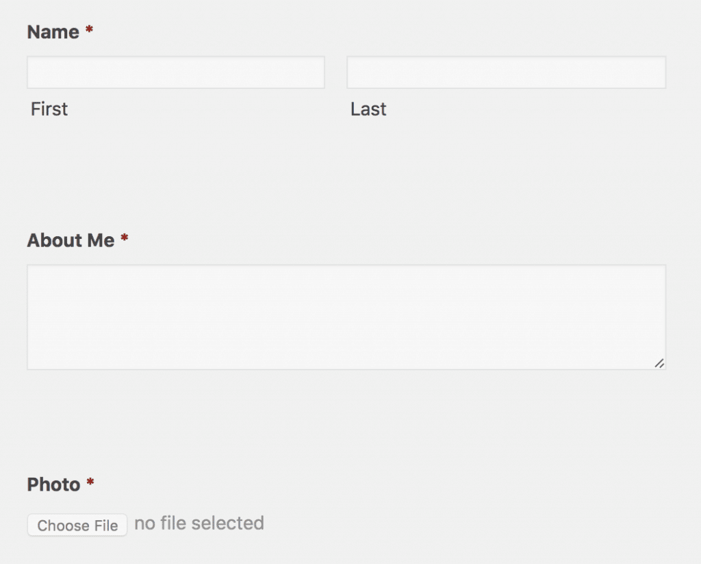 Gravity Forms event registration form with three fields - Name, About Me and Photo