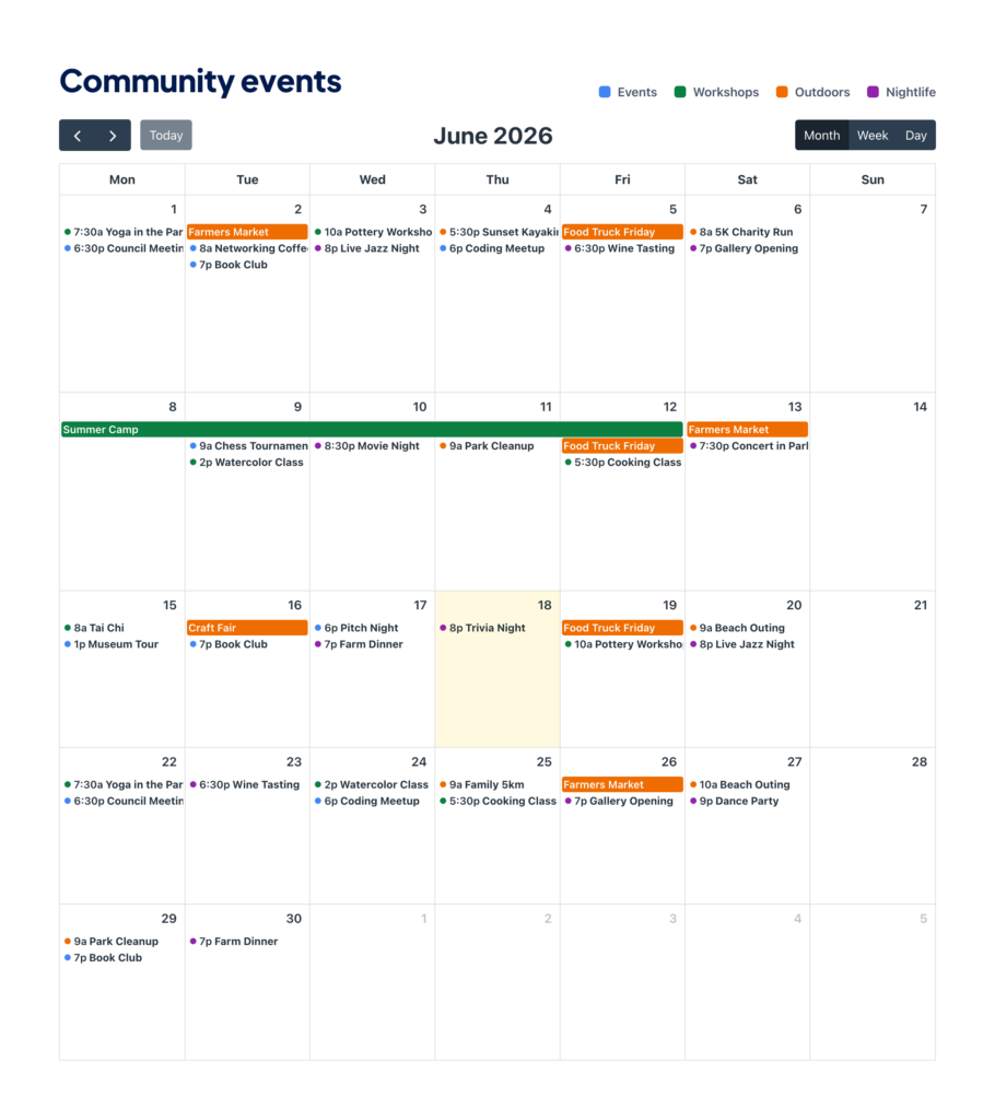 GravityCalendar month view titled "Community events" showing June 2026, with events color-coded by category — events, workshops, outdoors and nightlife (shown in a legend) — a multi-day event, today highlighted, and Month, Week and Day view buttons.