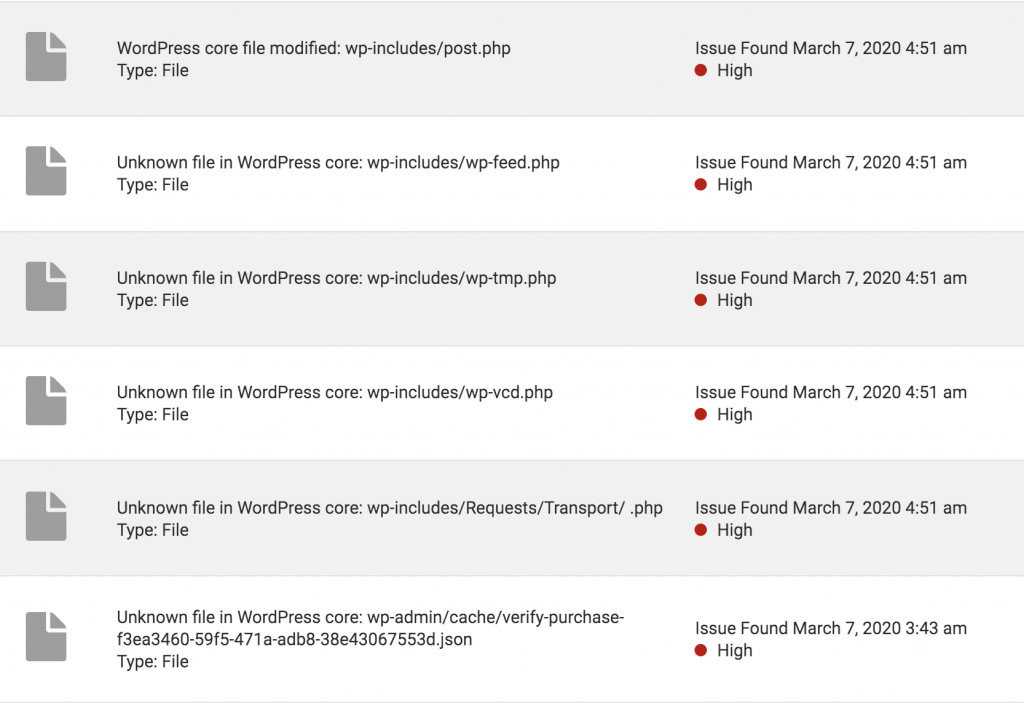 A table showing file infections and severity. The modified files are WordPress core files. There is also an extra file that doesn't belong there, added by the nulled WordPress plugin.