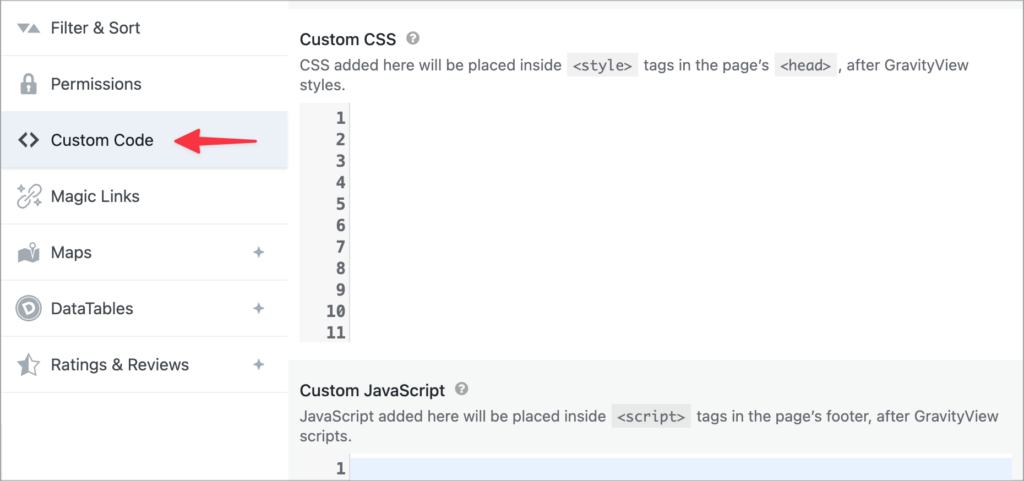 An arrow pointing to the 'Custom Code' tab in the GravityView View settings metabox.