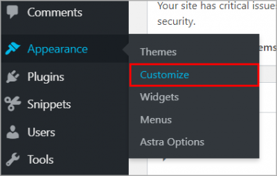 The WordPress admin dashboard, highlighting the Customize link under Appearance