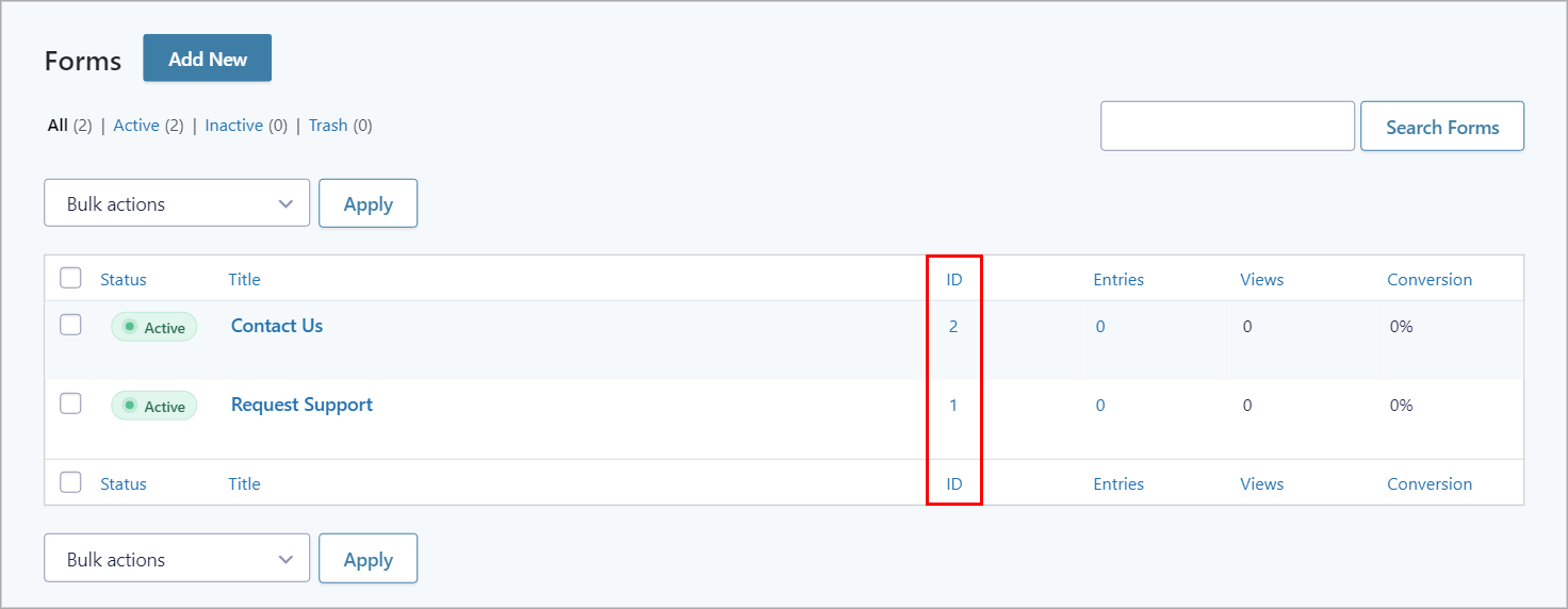 The Gravity Forms Forms page, with the ID column highlighted.