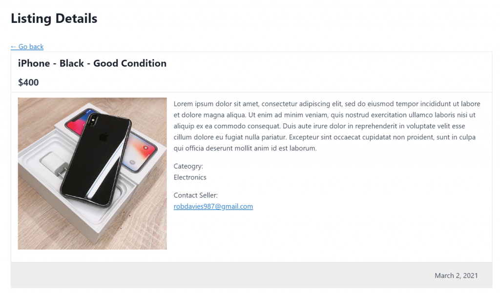 Online marketplace listing on the front end