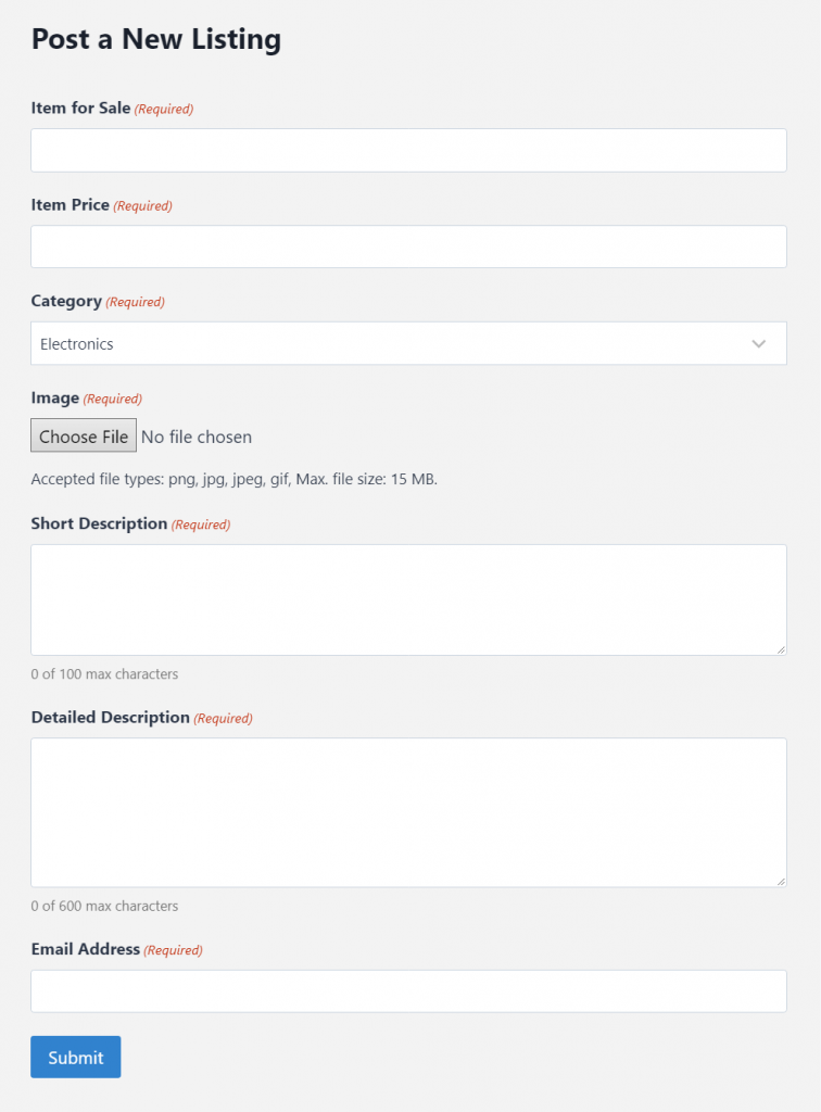 Gravity Forms online marketplace listing form