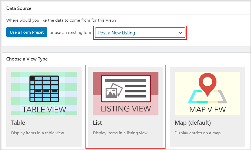 GravityView choosing a View Type
