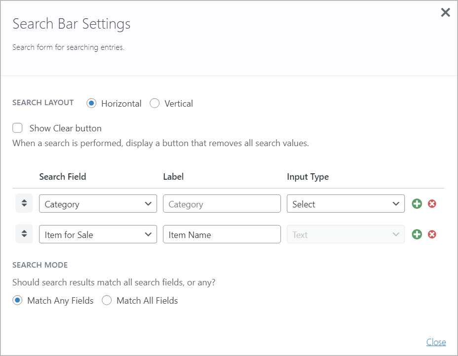 GravityView search bar settings