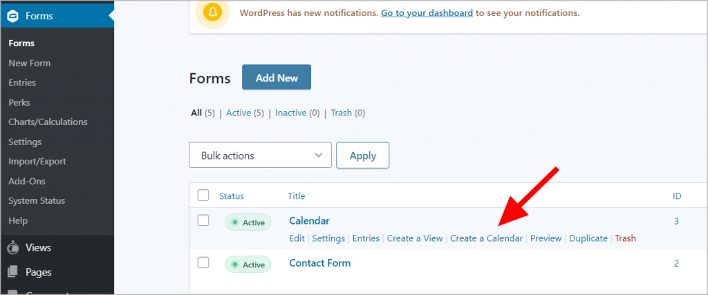 The Gravity Forms Forms page with an arrow pointing to the "Create a Calendar" link under a specific form