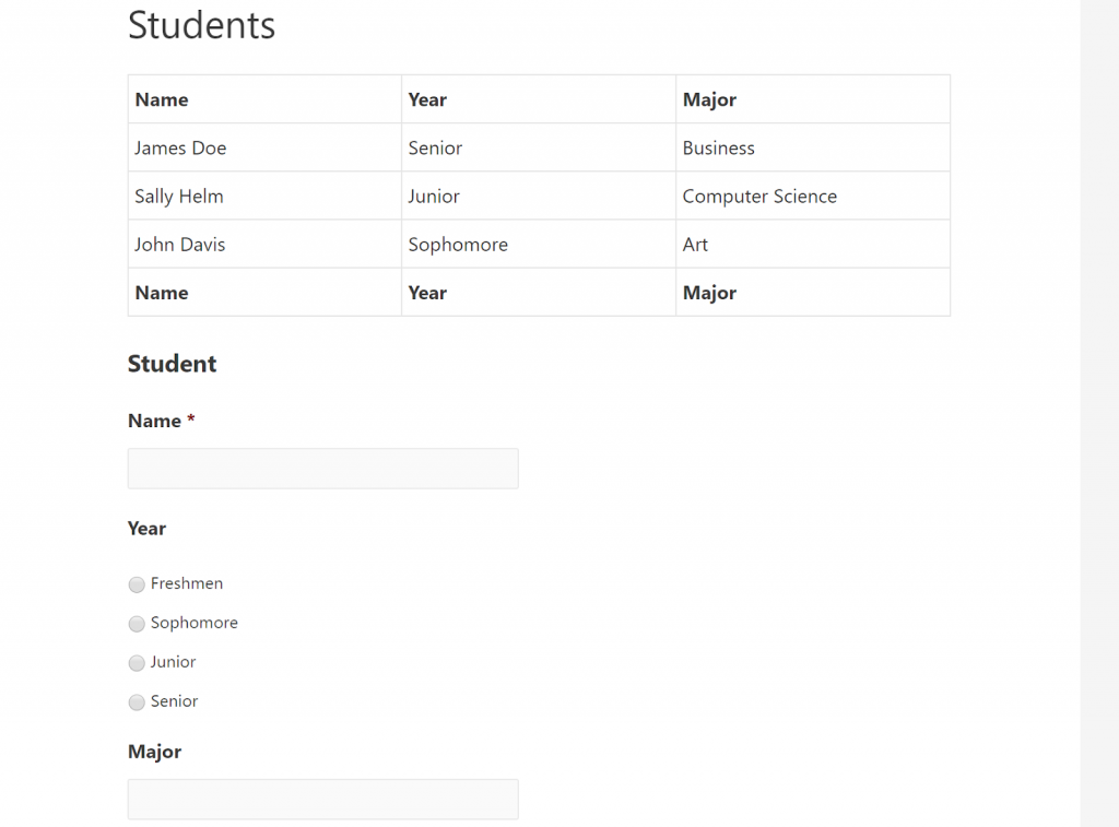 A "Students" GravityView directory, with a "Student" form embedded below it.