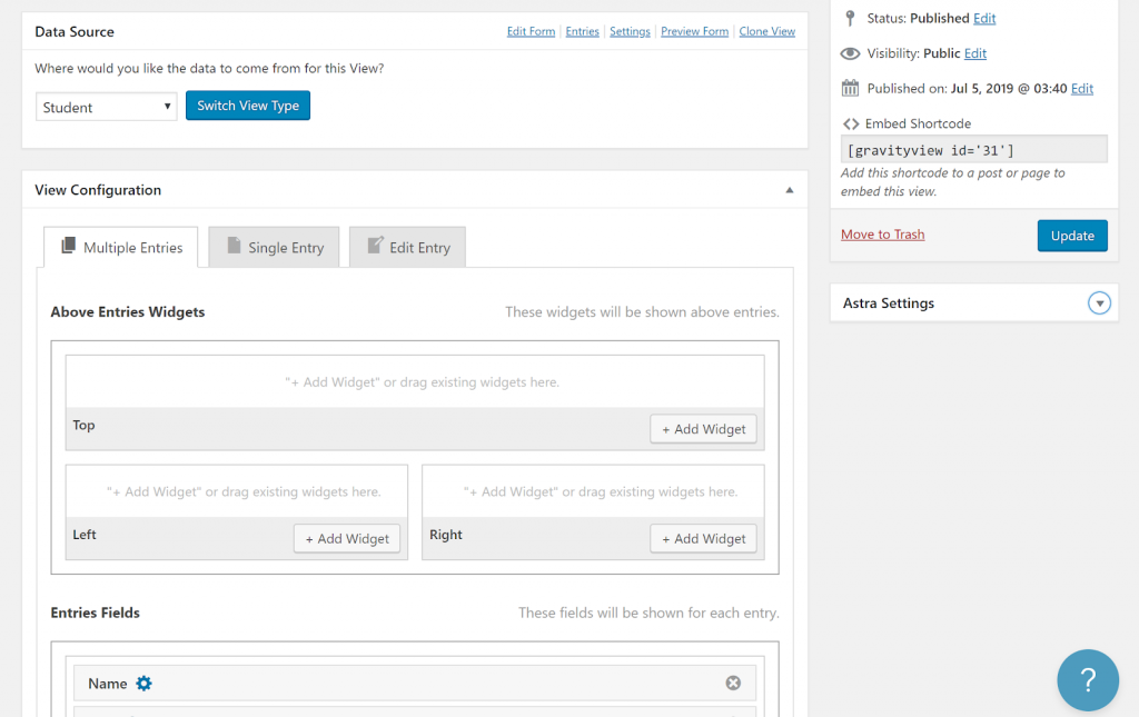 Screenshot of View Configuration when creating a Students View in GravityView