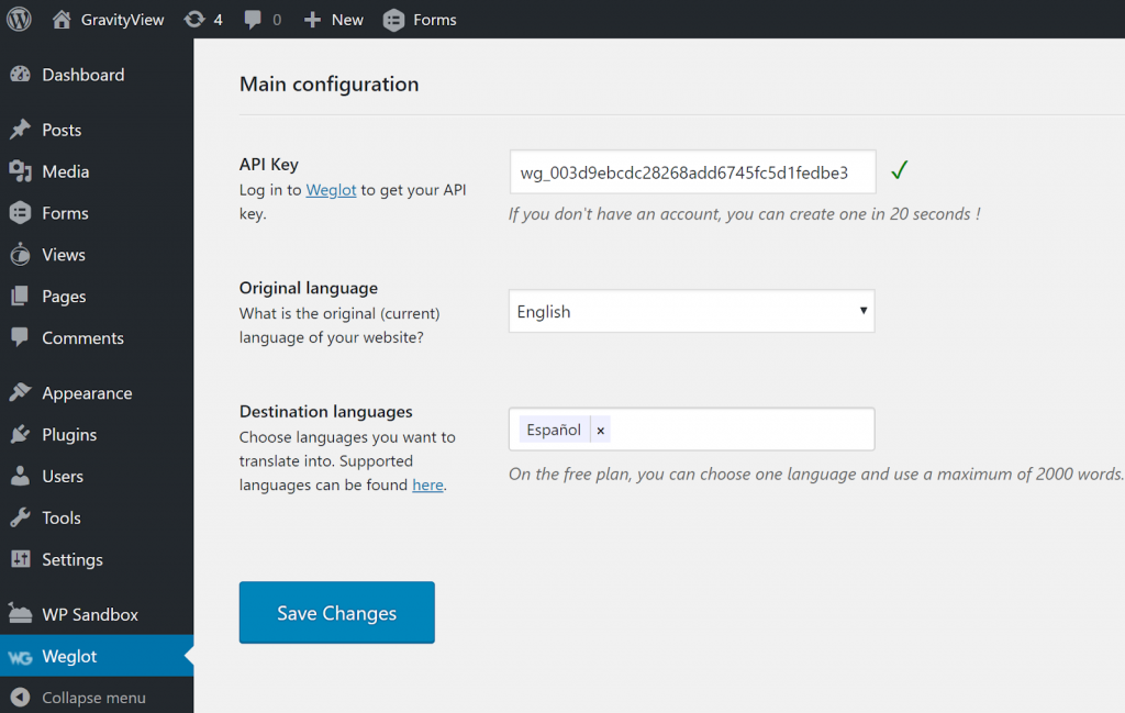 Screenshot of Weglot settings page inside the WordPress admin  dashboard