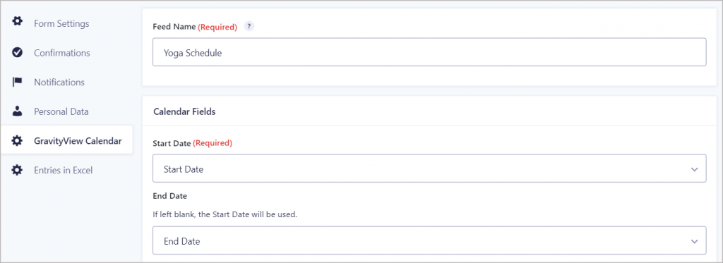 The Gravity Forms Calendar feed configuration page