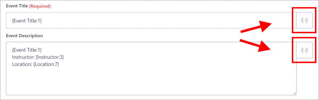The merge tag buttons highlighted next to the Event Title and Event Description boxes