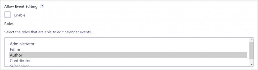 Selecting a user role on the Gravity Forms calendar settings page