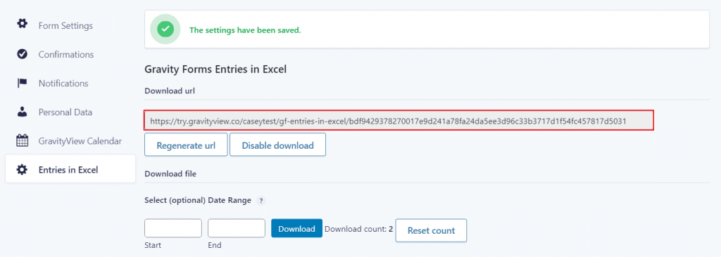 The Entries in Excel feed inside HGravity Forms, showing the download URL for the .xlsx file