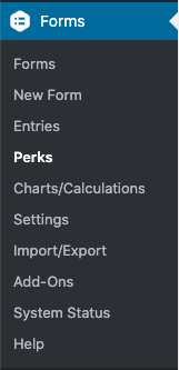 The "Perks" link underneath "Forms" in the WordPress admin menu
